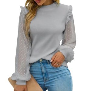UEC Dressy Sweater Sheer Long Sleeve Ruffle Pullover Shirt